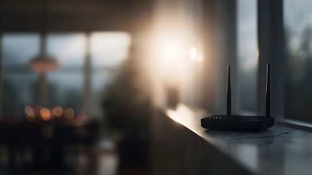 A black Wi Fi router sits on a ill bathed in soft warm sunlight connecting a modern home to the digital world