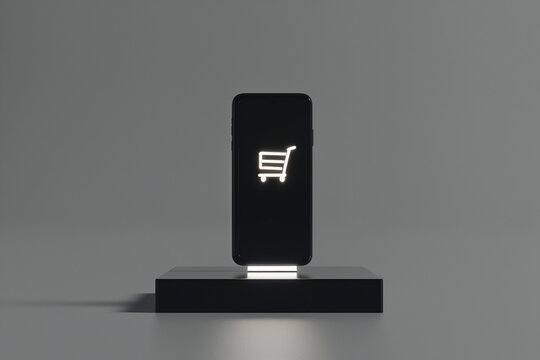 In a minimal studio setting, a smartphone emits a soft glow, showcasing a shopping cart icon that represents online shopping and modern technology. The sleek design emphasizes simplicity - Powered by Adobe