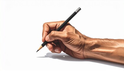 "Human Hand Holding Wooden Pencil Over White Surface with Shadow &ndash; Minimalist Composition Capturing Creative Intention, Writing Gesture, and Artistic Expression for Editorial Use and Educational Theme