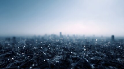 A luminous digital network of interconnected nodes and lines overlays a blurred futuristic cityscape under a soft hazy sky