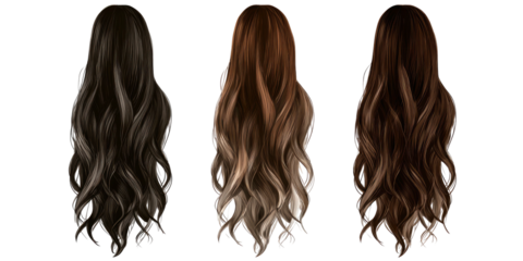 Three back views showcasing flowing, wavy hairstyles with varying shades of brown, highlighting hair dimension
