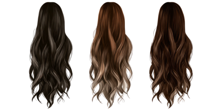 Three back views showcasing flowing, wavy hairstyles with varying shades of brown, highlighting hair dimension