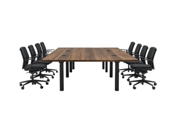 A dark meeting room setup with chairs facing a large wooden table on a black background