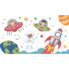 Kids in Space Adventure with UFOs and Rockets Vector Illustration