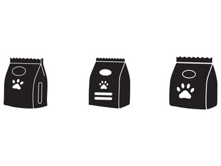 Three Bags of Pet Food Icon Pack Black and White Vector Illustration for Animal Care Products and Retail