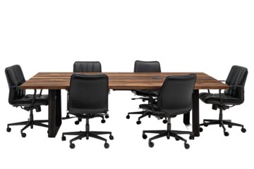 A conference room featuring a large, wooden table surrounded by six black leather office chairs