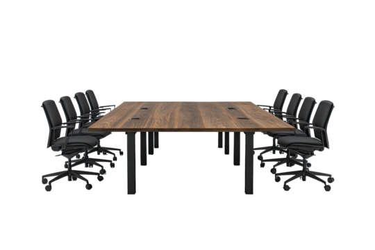 A dark meeting room setup with chairs facing a large wooden table on a black background