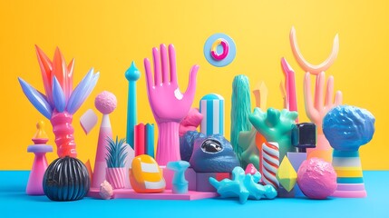 3D render of a vibrant collection of surreal, geometric forms and figures on a blue background.
