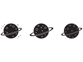 Three Black and White Planet Icons with Rings Surrounded by Stars for Space Exploration Concepts and Graphic Design Projects