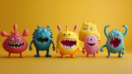Obraz premium 3D render of six colorful, cartoon monsters posed on a yellow background.