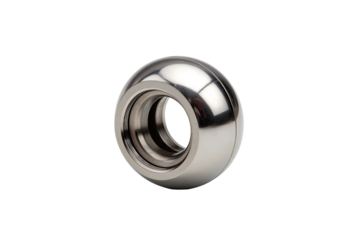 Close-up of a polished, metallic, spherical object with a central, threaded opening