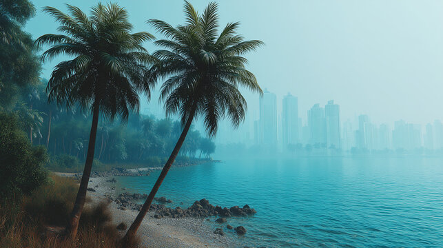 Serene tropical beach with palm trees, calm water, and a misty city skyline in the distance under soft morning light