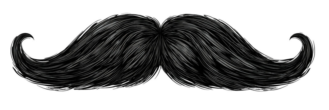Detailed illustration of a classic, black mustache with a dense, full appearance, on a black background