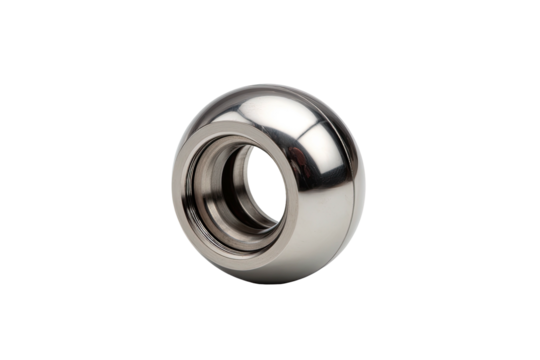 Close-up of a polished, metallic, spherical object with a central, threaded opening