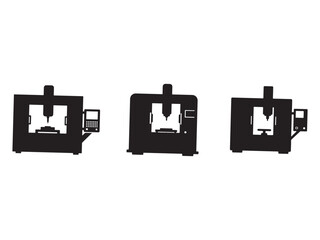 Three Black Silhouette CNC Milling Machines on a White Background Depicting Precision and Automation in Manufacturing