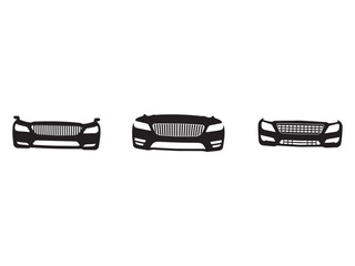 Three car front grill silhouettes with headlights isolated on white background for automotive designs and branding projects