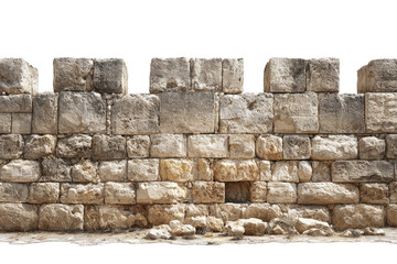 Obraz premium Weathered, textured stone wall with crenellations and a small opening, isolated on black