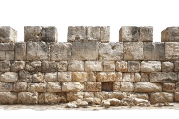 Weathered, textured stone wall with crenellations and a small opening, isolated on black
