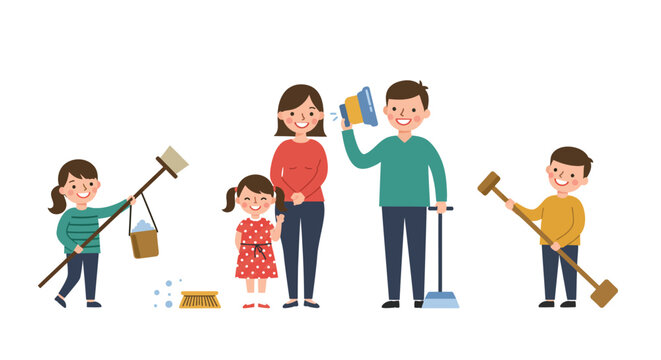 Cartoon Family Cleaning Together with Various Cleaning Tools