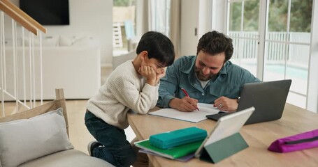 Studying, high five and father with son in family home, teaching problem solving and find correct solution. Math homework, man and child excited with tech for learning, education support and winning. - Powered by Adobe