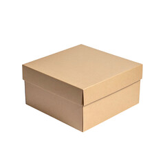 A closed square cardboard box against a black background, top and bottom visible