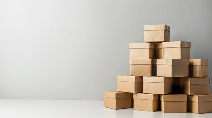 Cardboard boxes are neatly stacked in a studio space with a simple gray background. This arrangement highlights the versatility and practicality of storage solutions for businesses