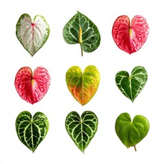 A collection of various colorful heart-shaped leaves, presenting a beautiful botanical display