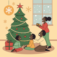 girl and boy and other children on decoring  christmas  tree