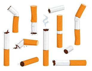 A collection of various animated cigarette butts and a smoking cigarette. Some are broken or crushed; smoke rises from one