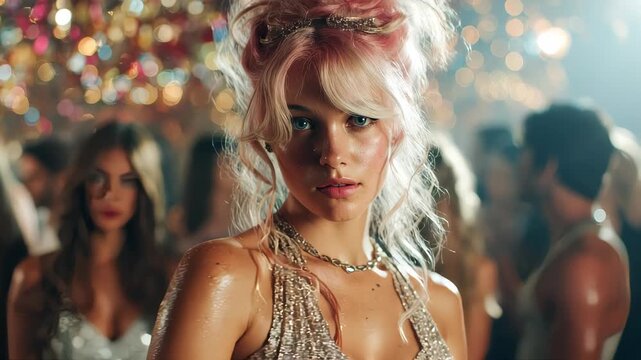 Young woman enjoying nightlife in a crowded club with glowing lights and music