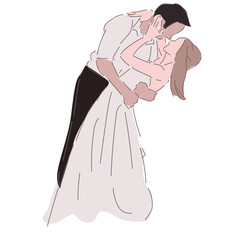 Romantic wedding couple illustration in elegant poses wearing suit and white dress