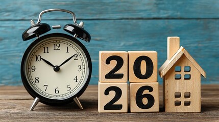 Centered alarm clock & 2026 house: blue-wood void & top copy space, feminine brand or zen website hero backdrop