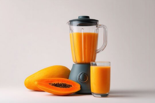 Fresh Papaya Slices with Blender and Smoothie on Light Background