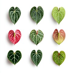 Nine assorted heart-shaped leaves in vibrant colors, showcasing intricate veining patterns, arranged with aesthetic visual interest