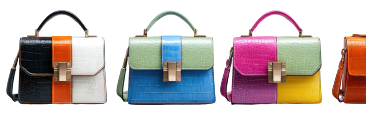 Four different colorful handbags with matching top handles, decorative hardware, and faux reptilian texture