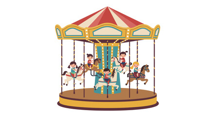 Obraz premium Colorful Carousel with Children Riding Horses Illustration