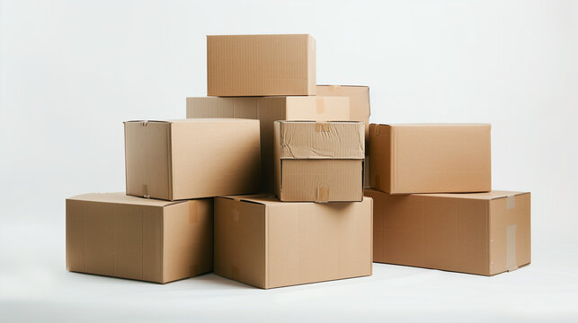 A collection of stacked cardboard boxes arranged neatly in a professional studio. The setting is minimalistic, focusing on the textures and shapes of the boxes. Different sizes add visual interest