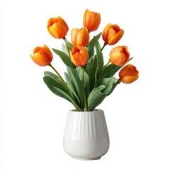Vibrant orange tulips arranged in a stylish white vase, a perfect decor accent. The image radiates freshness and elegance.