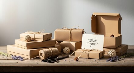 Rustic Gift Boxes Tied With Twine Decorated With Natural Elements