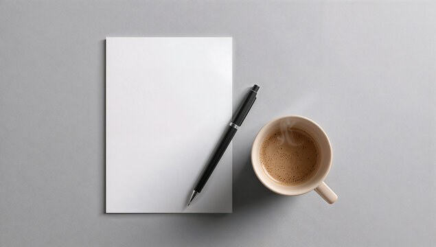 minimal flat lay with blank paper, pen, and coffee cup