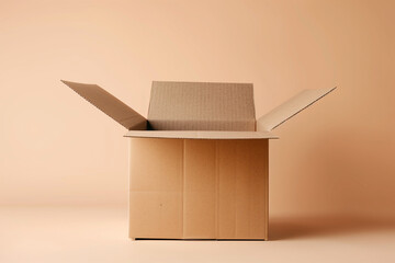 A small open cardboard box sits on a smooth surface, ready for return packaging. The light background emphasizes the box's neutral color, creating a tidy and organized appearance