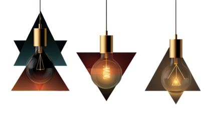 Three modern pendant lights with metallic tops, geometric shapes, and glowing filament bulbs
