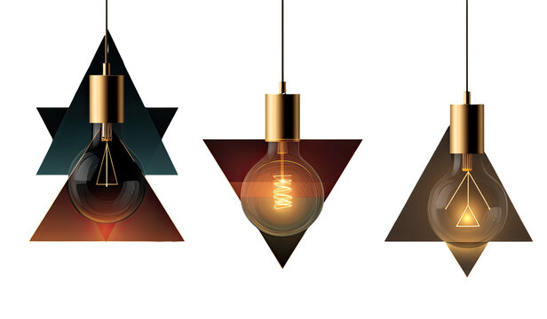 Three modern pendant lights with metallic tops, geometric shapes, and glowing filament bulbs