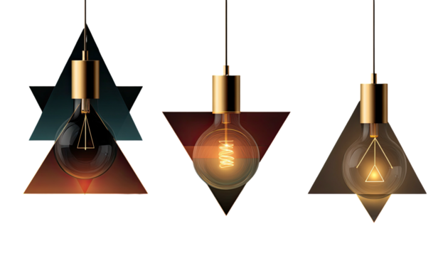 Three modern pendant lights with metallic tops, geometric shapes, and glowing filament bulbs