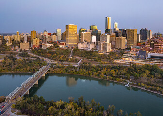 Aerial view of downtown Edmonton skyline at sunrise, Alberta, Canada