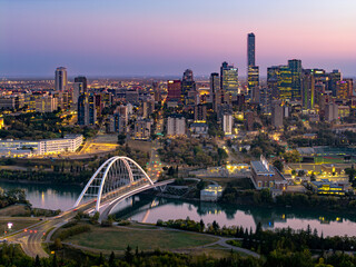 Aerial view of downtown Edmonton skyline at sunrise, Alberta, Canada