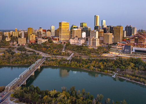 Fototapeta Aerial view of downtown Edmonton skyline at sunrise, Alberta, Canada