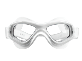 White swimming goggles with clear lenses, seen from a front-facing, close-up view