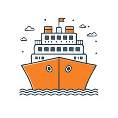 Obraz premium Orange cruise ship with a flag sails on the water cartoon illustration