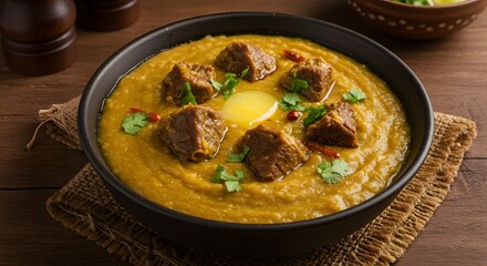 Hearty bowl of Dal Gosht, a flavorful Indian lentil and meat stew, garnished with ghee